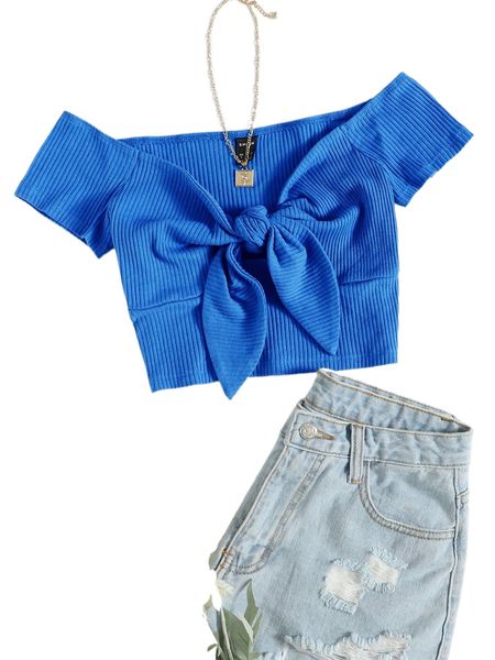 knot front rib-knit bardot d7ev#, White
knot front rib-knit bardot d7ev#, White