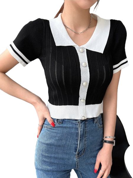 dazy contrast collar button front tee i5go#, White
dazy contrast collar button front tee i5go#, White