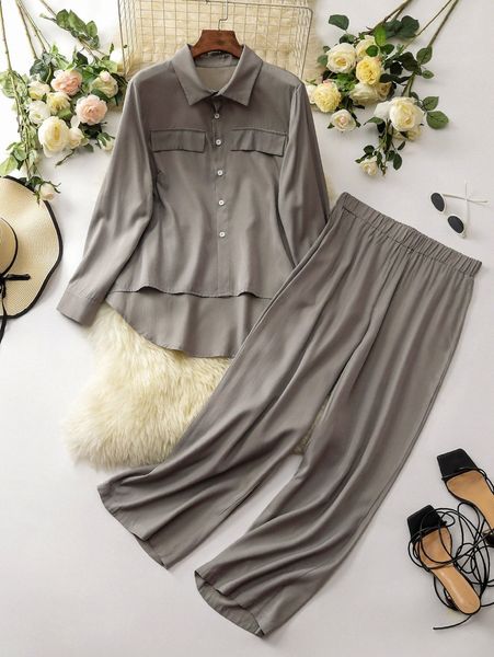 plus solid button front shirt & pants set r2qf#, Black
plus solid button front shirt & pants set r2qf#, Black