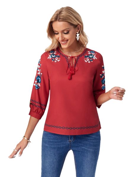 emery rose floral print tie neck tassel detail blouse 04md#, White
emery rose floral print tie neck tassel detail blouse 04md#, White