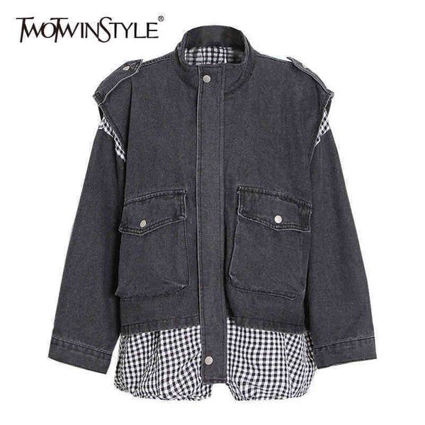 casual patchwork pocket denim jacket for women lapel long sleeve print plaid korean jackets female fashion 210423, Black;brown 
casual patchwork pocket denim jacket for women lapel long sleeve print plaid korean jackets female fashion 210423, Black;brown