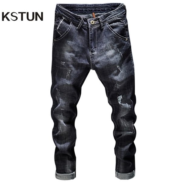 

kstun ripped jeans men dark blue stretch slim fit distressed streetwear denim pants casual retro biker jeans man trousers hiphop 201128