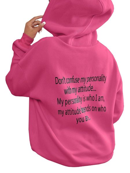 slogan graphic drop shoulder drawstring thermal hoodie 94hv#, Black