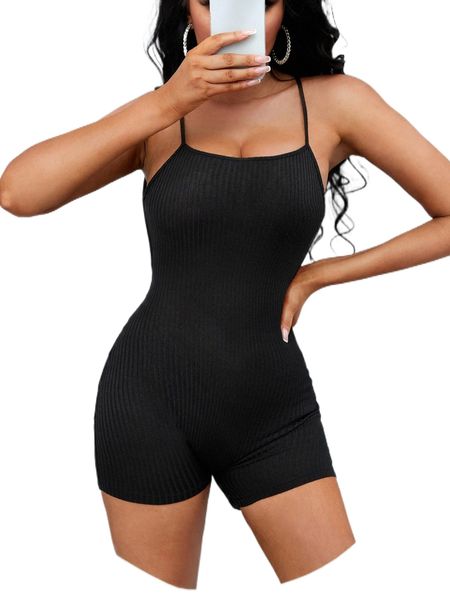 backless ribbed knit unitard romper h1fw#, Black;white