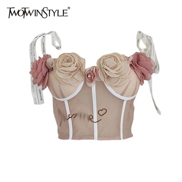 twotwinstyle patchwork flower vests for women square collar sleeveless slimming hit color camis females summer clothing 220316, White 
twotwinstyle patchwork flower vests for women square collar sleeveless slimming hit color camis females summer clothing 220316, White