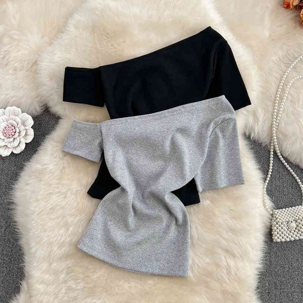 women's t-shirt american fashion high waist diagonal collar unilateral off shoulder slim fit t-shirt women's exotic chic short nav, White 
women's t-shirt american fashion high waist diagonal collar unilateral off shoulder slim fit t-shirt women's exotic chic short nav, White