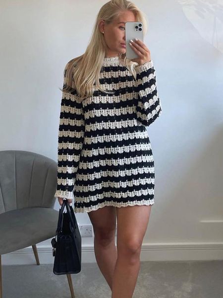 zach aiisa's women's fashion temperament striped longsleeved round neck loose and lazy style hollow knitted sweater 220816, White;black
zach aiisa's women's fashion temperament striped longsleeved round neck loose and lazy style hollow knitted sweater 220816, White;black