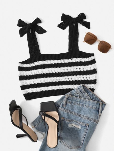 striped pattern tie shoulder cami knit p3qd#, White;black