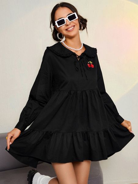 cherry embroidery frill trim peter pan collar ruffle hem dress w9vc#, Black;gray
cherry embroidery frill trim peter pan collar ruffle hem dress w9vc#, Black;gray