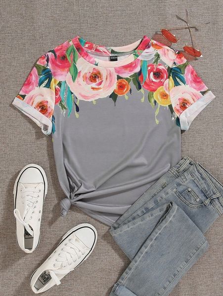 plus floral print tee j96o#, Black