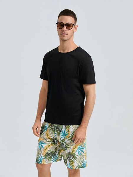 men solid tee & tropical print shorts h12w#, Gray
men solid tee & tropical print shorts h12w#, Gray