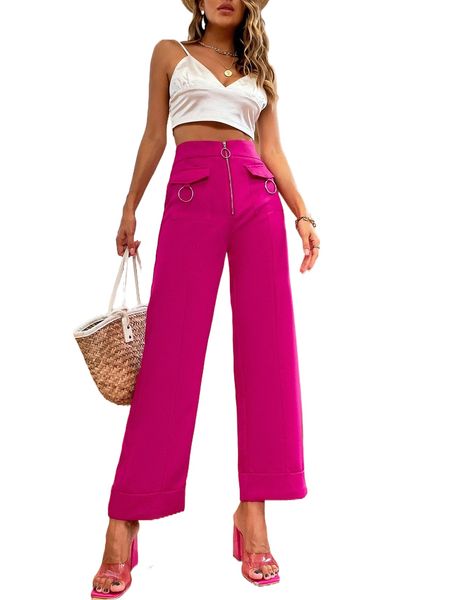 zip fly flap pocket wide leg pants k1s5#, Black;white