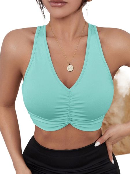 solid ruched bust breathable softness sports bra n4lg#, Gray