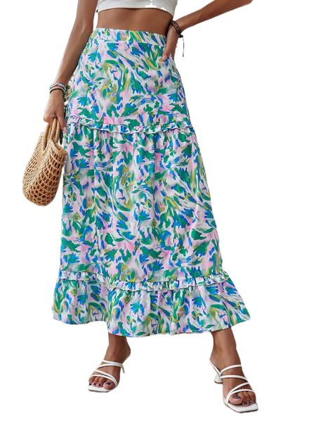 tie dye ruffle hem frill trim skirt 01vv#, Black