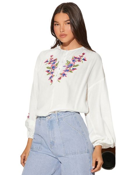 floral embroidery lantern sleeve blouse 00kt#, White 
floral embroidery lantern sleeve blouse 00kt#, White