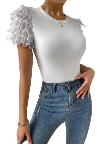 contrast lace layered sleeve tee 4197#, White
