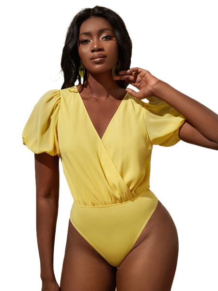 surplice neck solid bodysuit o1bx#, White