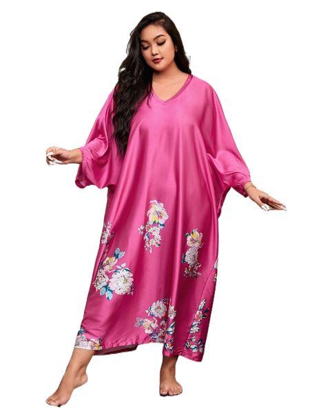plus floral print batwing sleeve satin night dress 00ew#, Black;white
plus floral print batwing sleeve satin night dress 00ew#, Black;white