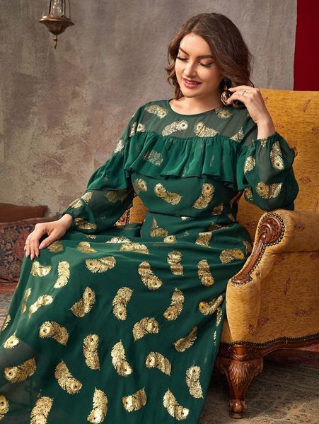 plus random gold feather print lantern sleeve ruffle trim chiffon dress t4as#, Black
plus random gold feather print lantern sleeve ruffle trim chiffon dress t4as#, Black