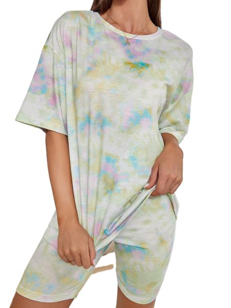 tie dye drop shoulder lounge set t9b0#, Black;red