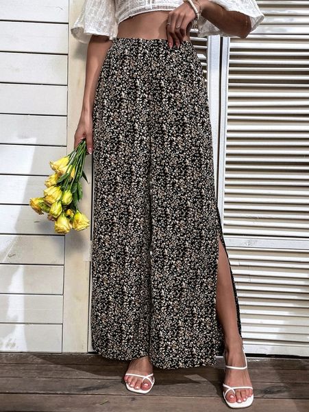 allover print slit hem wide leg pants x0cf#, Black;white 
allover print slit hem wide leg pants x0cf#, Black;white