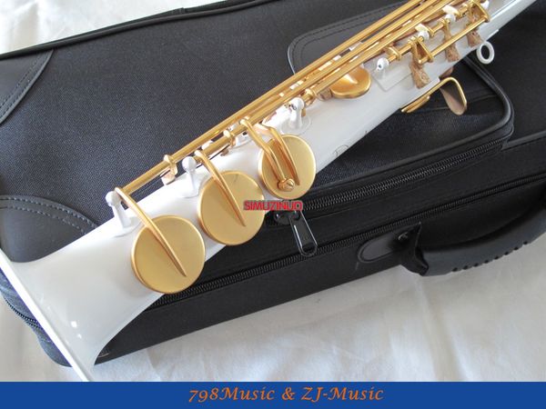 white lacquer body and lacquer gold keys straight soprano saxophone sax white shell key high f# g case 
white lacquer body and lacquer gold keys straight soprano saxophone sax white shell key high f# g case