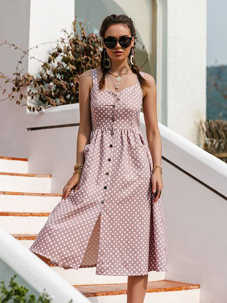 casual polka dot dress sleeveless holiday style high waist buttoned women's fashion mid-length summer dresses 220418, Black;gray
casual polka dot dress sleeveless holiday style high waist buttoned women's fashion mid-length summer dresses 220418, Black;gray