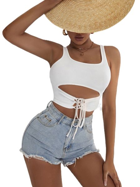 cut out lace up front tank y9ml#, White
cut out lace up front tank y9ml#, White