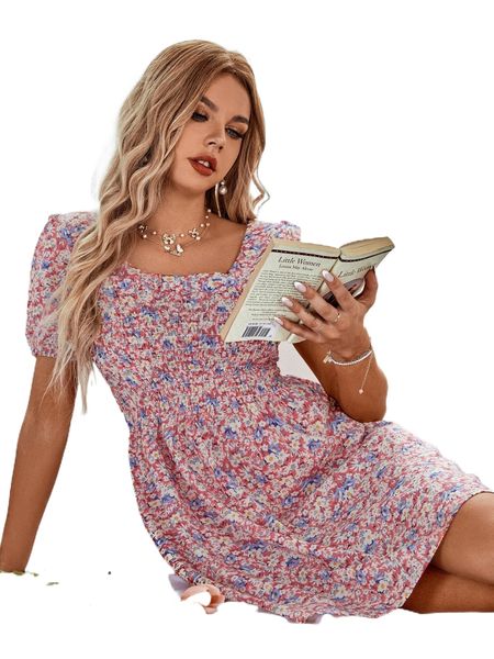 all over floral print shirred dress k3zx#, Black;gray 
all over floral print shirred dress k3zx#, Black;gray