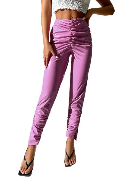 petite solid ruched pu pants u96j#, Black;white