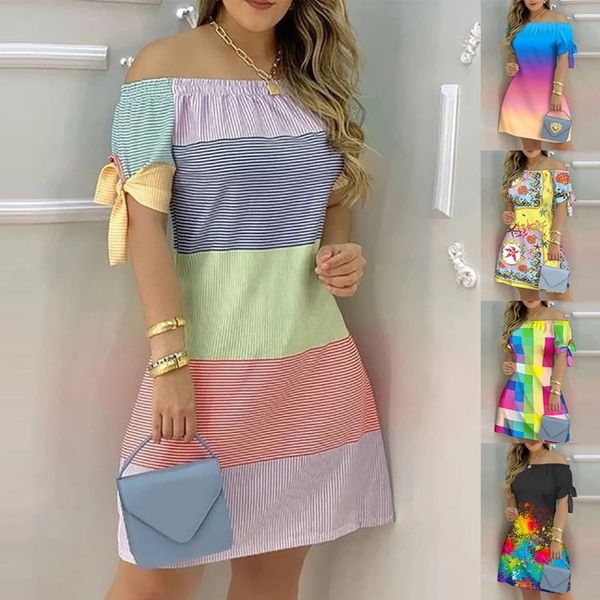 women off shoulder dress short sleeve bow tie floral print dresses fashion loose striped color female mini dress vestidos, Black;gray
women off shoulder dress short sleeve bow tie floral print dresses fashion loose striped color female mini dress vestidos, Black;gray