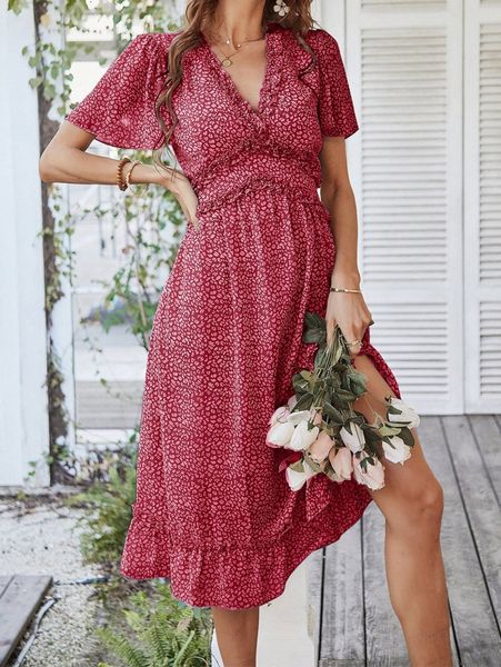 allover print frill trim chiffon dress 51je#, Black;gray 
allover print frill trim chiffon dress 51je#, Black;gray
