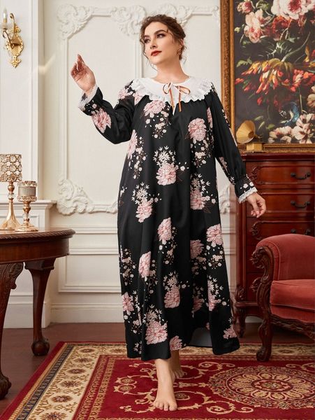 plus floral print tie front ruffle trim flounce sleeve nightdress k4e3#, Black;white
plus floral print tie front ruffle trim flounce sleeve nightdress k4e3#, Black;white