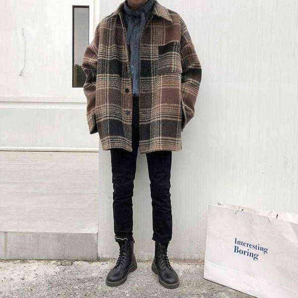 men's wool & blends plaid woolen coat fashion retro casual jacket men streetwear wild loose korean long mens overcoat t220810, Black
men's wool & blends plaid woolen coat fashion retro casual jacket men streetwear wild loose korean long mens overcoat t220810, Black