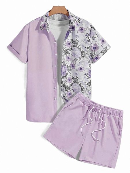 men random floral print shirt & drawstring waist shorts without tee h2n3#, Gray
men random floral print shirt & drawstring waist shorts without tee h2n3#, Gray