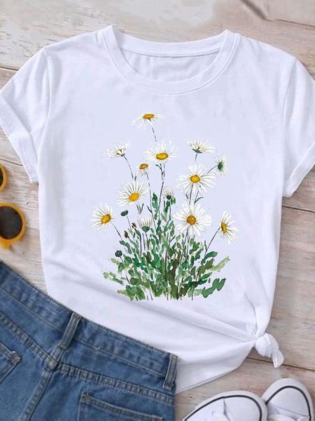 graphic t shirt casual clothing summer short sleeve cute lovely sweet flower women print fashion clothes tee t-shirt female top, White