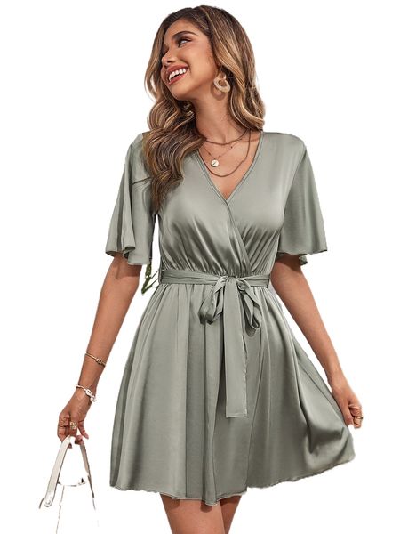 surplice neck butterfly sleeve belted satin dress t6gq#, Black;gray
surplice neck butterfly sleeve belted satin dress t6gq#, Black;gray