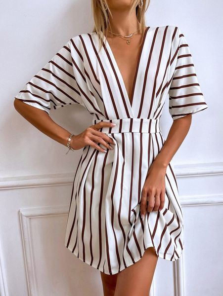 striped plunging neck fold pleated detail dress a8ue#, Black;gray
striped plunging neck fold pleated detail dress a8ue#, Black;gray