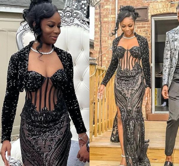 sparkly black mermaid prom dresses with long sleeve jacket 2022 seqauins beaded applique slit african black girl evening gown, Black;red
sparkly black mermaid prom dresses with long sleeve jacket 2022 seqauins beaded applique slit african black girl evening gown, Black;red