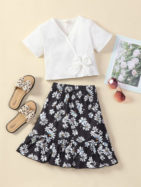 girls button front tee & floral print ruffle hem skirt she, White 
girls button front tee & floral print ruffle hem skirt she, White