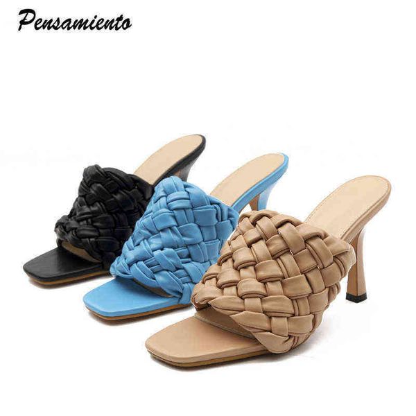 ins style soft leather weave women slippers elegant thin high heels square toe mules slides casual outside summer shoes 220615, Black
ins style soft leather weave women slippers elegant thin high heels square toe mules slides casual outside summer shoes 220615, Black