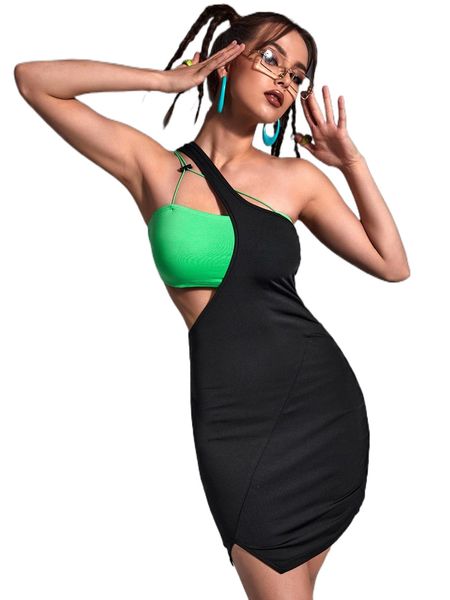 one shoulder cut out dress with crop k174#, Black;gray