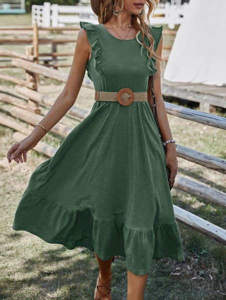 ruffle trim flounce hem dress without belt r4kr#, Black;gray
ruffle trim flounce hem dress without belt r4kr#, Black;gray