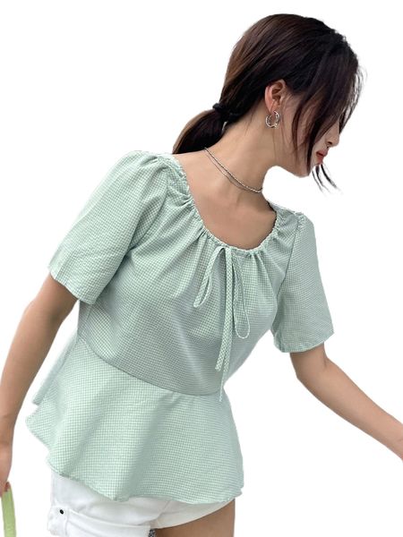 dazy gingham tie front puff sleeve peplum blouse m8yj#, White
dazy gingham tie front puff sleeve peplum blouse m8yj#, White