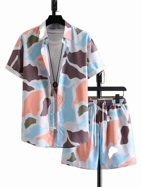 men allover print shirt & drawstring waist shorts without tee f0ns#, Gray