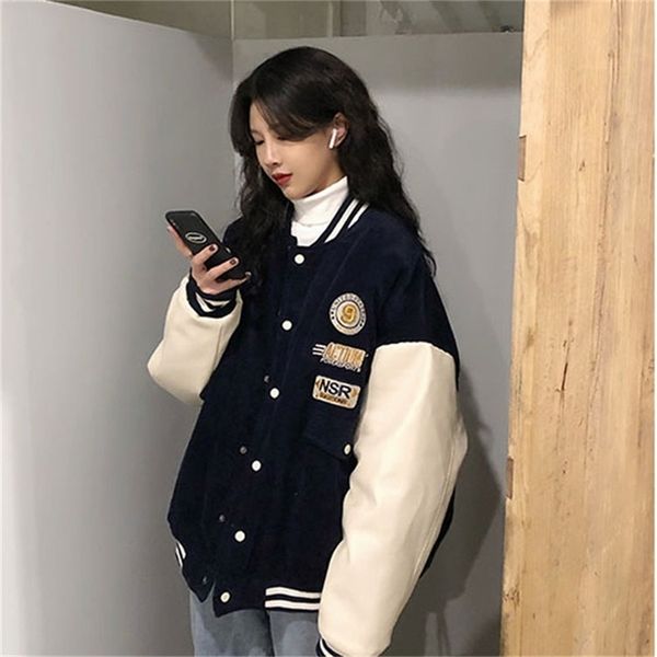 contrasting color stitching women baseball uniform couple students spring autumn retro jacket corduroy coat 220803, Black;brown
contrasting color stitching women baseball uniform couple students spring autumn retro jacket corduroy coat 220803, Black;brown