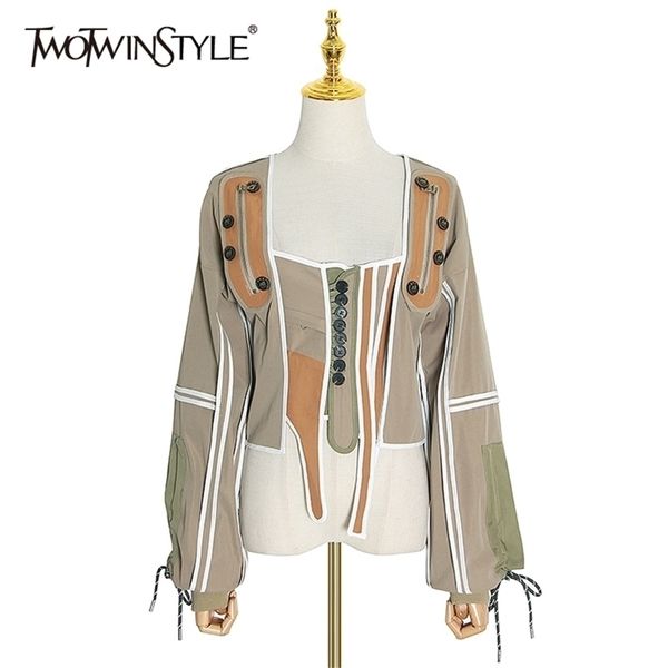 twotyle patchwork hit color irregular coats for women square collar lantern sleeve lace up jackets female fashion y201012, Black;brown
twotyle patchwork hit color irregular coats for women square collar lantern sleeve lace up jackets female fashion y201012, Black;brown