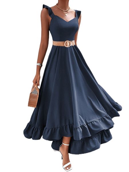 solid ruffle trim high low hem dress without belt b6iv#, Black;gray
solid ruffle trim high low hem dress without belt b6iv#, Black;gray