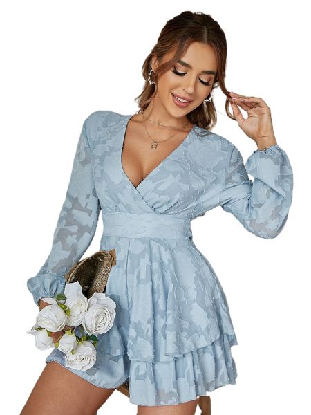 surplice neck lantern sleeve ruffle hem jacquard flower applique romper d5jy#, Black;white
surplice neck lantern sleeve ruffle hem jacquard flower applique romper d5jy#, Black;white