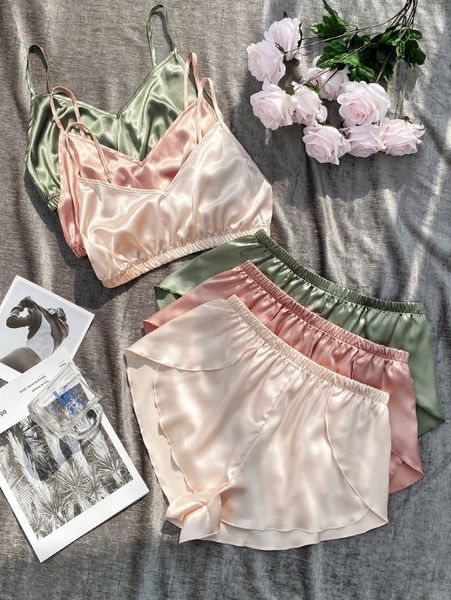 3set solid cami & wrap hem shorts satin pj set m8aa#, Black;red
3set solid cami & wrap hem shorts satin pj set m8aa#, Black;red